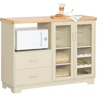 SoBuy Armoire de cuisine Buffet Commode avec portes vitrées Tiroirs Sideboard avec plan de travail Compartiment à micro-ondes Casier à vin pour salon Salle à manger FSB81-MI