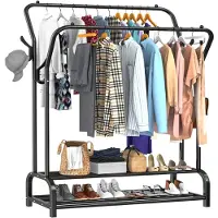 Avalo Industrial Clothes Rack Double Rod - Metal - 110x33x150 CM - Black - Storage For Shoes - Wardrobe Rack With Hooks