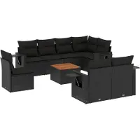 vidaXL Ensemble de salon de jardin 9 pièces avec coussins noir poly rotin