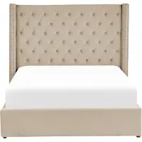 Beliani Lit avec sommier Beige Rembourré 140 x 200 cm Sommier Tête de lit haute Bouton Rivets Rétro Classique Chambre à coucher
