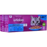 Whiskas Sachet adulte 40 x 85 g Arômes de poisson en gelée saumon, thon, cabillaud, poisson blanc + TRIXIE Souris en peluche avec herbe à chat 7 cm