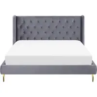 Beliani Lit rembourré Gris 160 x 200 cm Tissu velours avec sommier à lattes Lit double avec tête de lit haute surpiquée Pieds métalliques dorés Elégant rétro