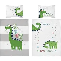 Detexpol Linge de lit en bambou 100x135 Dinosaures blanc gris-vert rayé 3527 A Dino drap de lit double face Taie d'oreiller 40x60 6091