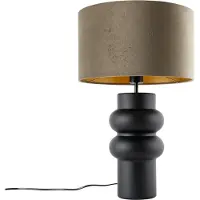 QAZQA Lampe de table design abat-jour en velours noir taupe avec or 35 cm - Alisia