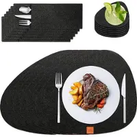 KitchenLove Sets de table - 6 pièces - 31 x 38 cm - avec sous-verres et pochettes pour couverts - feutre - ovale - noir