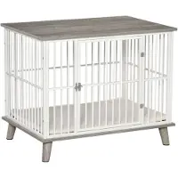 PawHut Paws Houten Hondenbench met Kussen 86 cm x 60 cm x 70 cm Hout Staal Wit + Grijs