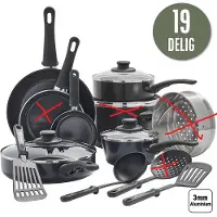 Coock Batterie de cuisine à induction 19 pièces - Revêtement spécial antiadhésif - Poignées ergonomiques à froid - Aluminium recyclé - Ensemble de poêles à frire - Ensemble de casseroles - Noir -