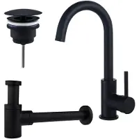 FortiFura Calvi Kit robinet lavabo - robinet haut - bec rotatif - bonde non-obturable - siphon design bas - Noir mat SW809347/SW696205/SW696215