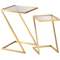 Mauro Ferretti : Ensemble de 2 tables d'appoint, finition dorée, dimensions : 40x40x60 cm et 30x30x50 cm