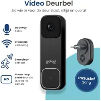 Gologi Video Doorbell - Sonnette intelligente avec caméra et WiFi - Qualité vidéo HD - Sans fil sur batterie - Support mural et carillon inclus - Vision nocturne - Résistant à l'eau - Noir