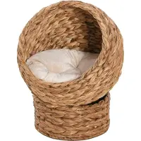 PawHut Panier à chat PawHut, nid de chat en rotin lit, avec oreiller, marron