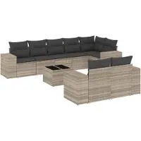 vidaXL Ensemble de salon de jardin 9 pièces avec coussins gris clair Poly rotin