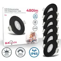 B.K.Licht Spot encastrable 68mm set de 6 - 230V, 4,9W, 480lm, LED, IP65, blanc chaud, noir