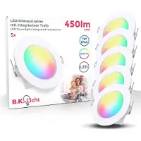 B.K.Licht , Set de 5 spots LED encastrables RGBW dimmables IP44 Ø70 mm, 450 lm, 4,8W, blanc chaud 3000K,télécommande,minuterie,veilleuse, salle de bain