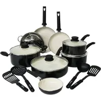 Coock Batterie de cuisine à induction 19 pièces - Revêtement spécial antiadhésif - Poignées ergonomiques à froid - Aluminium recyclé - Ensemble de poêles à frire - Ensemble de casseroles - Noir/Blanc