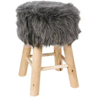 Atmosphera Tabouret En Bois Et Fourrure Synthétique H 42 Cm Coloris Gris