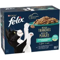 Felix Délices Tranchés Séléction de poissons au saumon, thon, cabillaud, à la plie en gelée pâtée pour chat