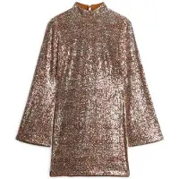 Superdry pour femme. W8011773A Mini robe dorée à manches longues imprimée avec paillettes (M), Fête, Manche longue, Polister recyclé, Durabl