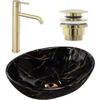 REA Set Vasque À Poser Sofia Marble Black + Robinet De Lavabo Lungo Gold + Bonde Gold