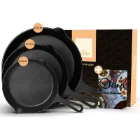 Ocina Set de 3 poêles en fonte - – Ø25 cm, Ø19,5 cm et Ø16 cm – Compatibles induction & BBQ – Poêles à frire – Livret de recettes inclus