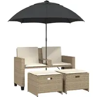 vidaXL Canapé de jardin 2 places parasol et tabouret Beige Poly-Rotin