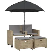 vidaXL Canapé de jardin 2 places parasol et tabouret Beige Poly-Rotin