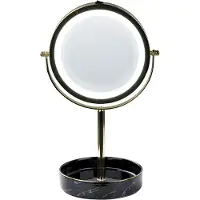 Beliani Miroir cosmétique LED or et noir cadre métal fer ø 20 cm support céramique loupe 1x/5x double face