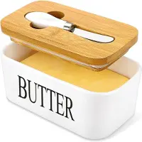 KitchenMonster Beurrier avec couteau à beurre - 600 ml Beurrier fraîcheur en céramique et bambou - Beurrier avec couvercle blanc