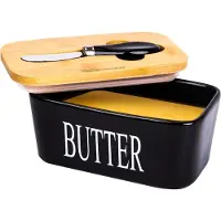 KitchenMonster Beurrier avec couteau à beurre - 600 ml Beurrier fraîcheur en céramique et bambou - Beurrier avec couvercle noir