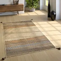 Paco Home Tapis naturel pour salon avec franges, motif kilim tissé à la main, 100 % coton, dimensions 60 x 110 cm