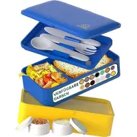 Umami Bento Lunch Box, Couverts & 2 Pots à Sauce Inclus, Boîte à Lunch Étanche, Lunchbox Adulte, Micro-Ondable, Boîte Repas Compartimentée, Bleu et Or, 1200 ml