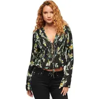 Superdry pour femme. W6011969A Blouse 70S florale noire (XL), Casuel, Viscose, Manche courte