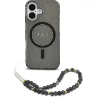 GUESS MagSafe IML Glitter Case avec beads strap Apple iPhone 16 - Noir