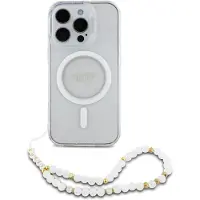 GUESS MagSafe IML Glitter Case avec beads strap Apple iPhone 16 Pro Max - Transparent