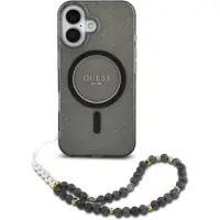 GUESS MagSafe IML Glitter Case avec beads strap pour Apple iPhone 16 Pro Max - Noir