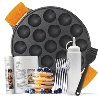 Ocina Set de Poffertjes - -19 Poffertjes - Compatible Induction - Inclus : Bouteille Doseuse, 6 Fourchettes et Gants Résistants à la Chaleur - Livre de Recettes Offert