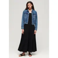 Superdry Dames Noir Robe Longue Caraco Smockée, Taille: 42