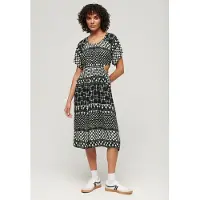 Superdry Dames Noir et Blanc Imprimée Ajourée Robe Mi-Longue Imprimé, Taille: 38