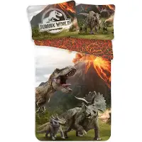 Jerry Fabrics Parure de lit Jurassic World avec T-Rex, famille Triceratops avec volcan ardent, couette 140x200 + oreiller 70x90 cm 100% coton