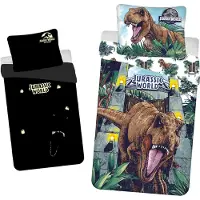Jurassic World Parure de lit enfant motif lumineux T-Rex Dinosaure Monstre préhistorique Palmiers Couette 140 x 200 + oreiller 70 x 90 cm 100% coton