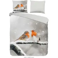 Good Morning Enveloppe de couette Good Morning "oiseaux rouges-gorges dans la neige" - Gris - (140x200/220 cm) - Flanelle de coton
