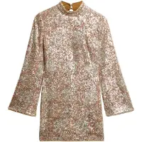 Superdry pour femme. W8011773A Mini robe dorée à manches longues imprimée avec paillettes (S), Fête, Manche longue, Polister recyclé, Durabl