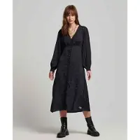 Superdry Lace Trim Long Sleeve Midi Dress Noir XS Femme