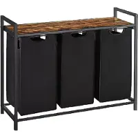 BRASQ Panier à linge 3 compartiments - Trieur de linge 114 litres - Extensible avec étagère 92,5x33x71 cm - Boite à linge Métal noir - Bois brun - Panier
