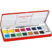 Caran d'Ache Boite metal 14 tablettes de gouache et 1 tube blanc 20ml. 1 pinceau
