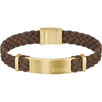 BOSS Bracelet tressé en cuir suédé marron avec plaquette logo