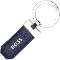BOSS Porte-clés en laiton et cuir grainé bleu marine avec logo