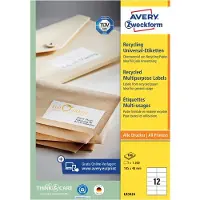 Avery Zweckform Étiquettes LR3424, A4, universelles, adhésives permanentes, adaptées à l'imprimante, papier recyclé, rectangulaires, blanc naturel, 1200 pièces sur 100 feuilles