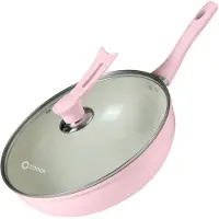 Coock Poêle Wok Induction 32cm - Revêtement spécial antiadhésif - Poêle à frire avec couvercle - Aluminium recyclé - Rose clair/blanc - Livre électronique inclus