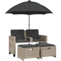 vidaXL Canapé de jardin 2 places parasol et tabouret gris clair poly rotin